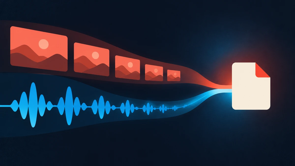 Streams of video frames and an audio waveform merging into a single file