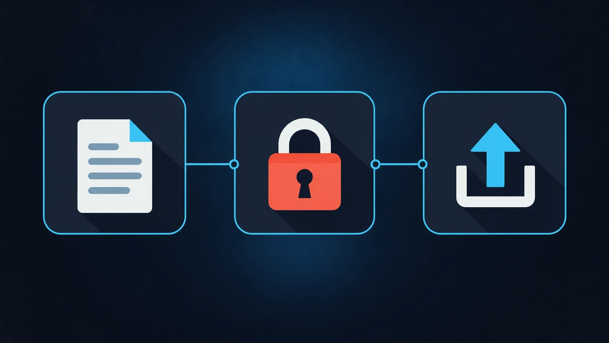 Three panels showing a document, a padlock and a share arrow